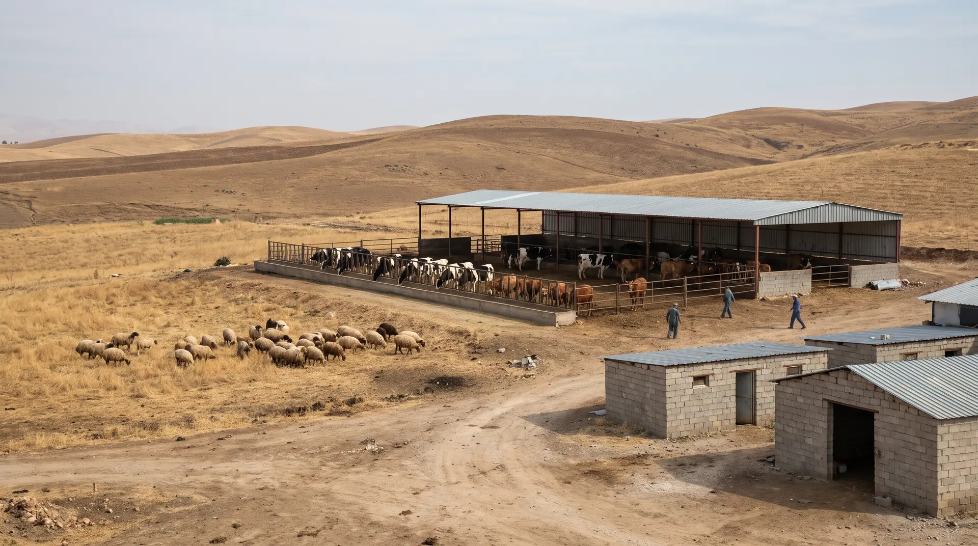 A farm with barns and a flock of sheep (representative)