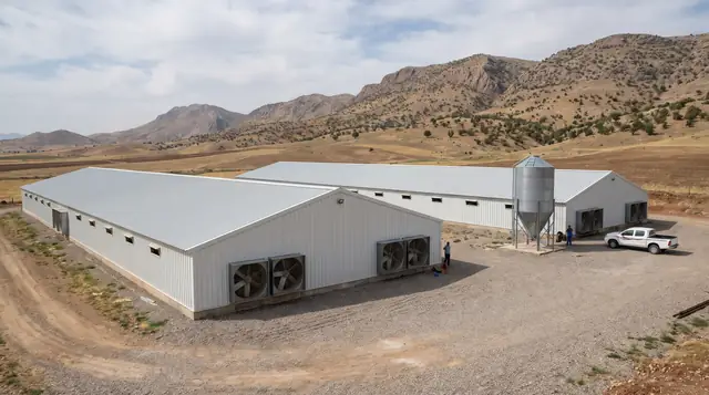 Modern poultry houses among the hills (representative)