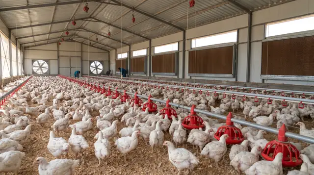 Feeder lines and broilers inside a poultry house (representative)